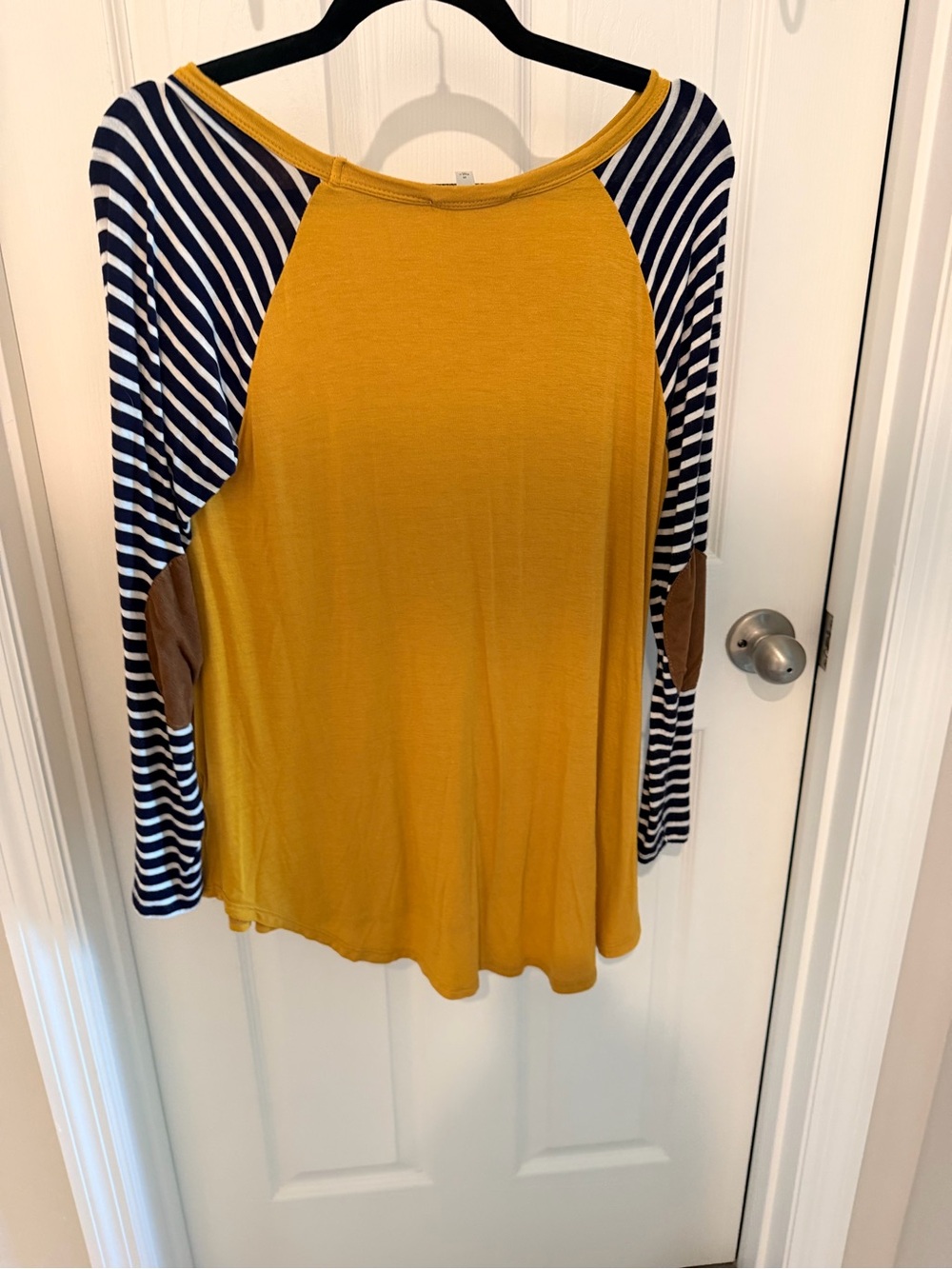 Mustard Raglan Long-Sleeve Tee with Navy Stripe Sleeves and Brown Elbow Patches - Picture 3 of 4